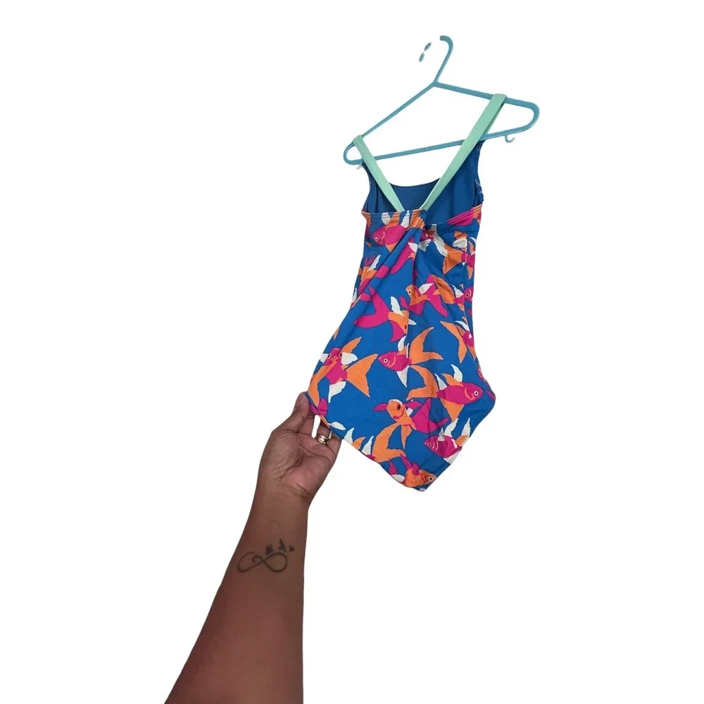 Spotted Zebra One-Piece Swimsuit Kids Blue Goldfish Print - M(8)
